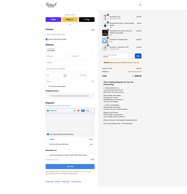 Rockwell Razors checkout page showing Rockwell Razors discount code box | Screenshot taken by SimplyCodes community member on Sep 4, 2025