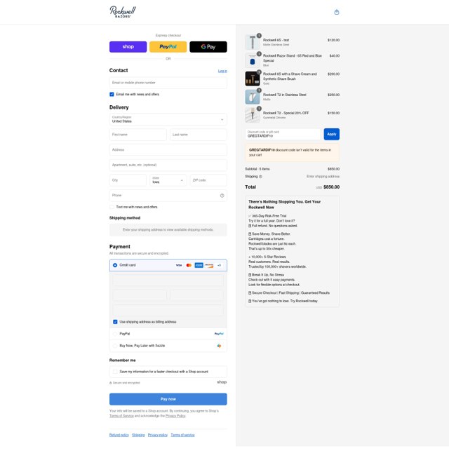 Rockwell Razors checkout page showing Rockwell Razors discount code box | Screenshot taken by SimplyCodes community member on Sep 4, 2025