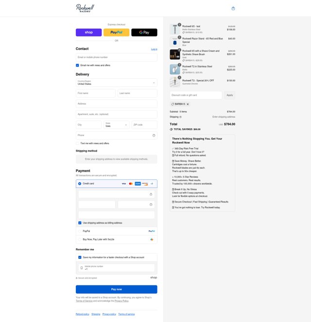 Rockwell Razors checkout page showing Rockwell Razors discount code box | Screenshot taken by SimplyCodes community member on Sep 4, 2025