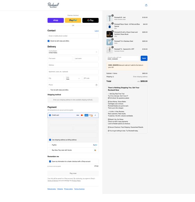 Rockwell Razors checkout page showing Rockwell Razors discount code box | Screenshot taken by SimplyCodes community member on Sep 4, 2025