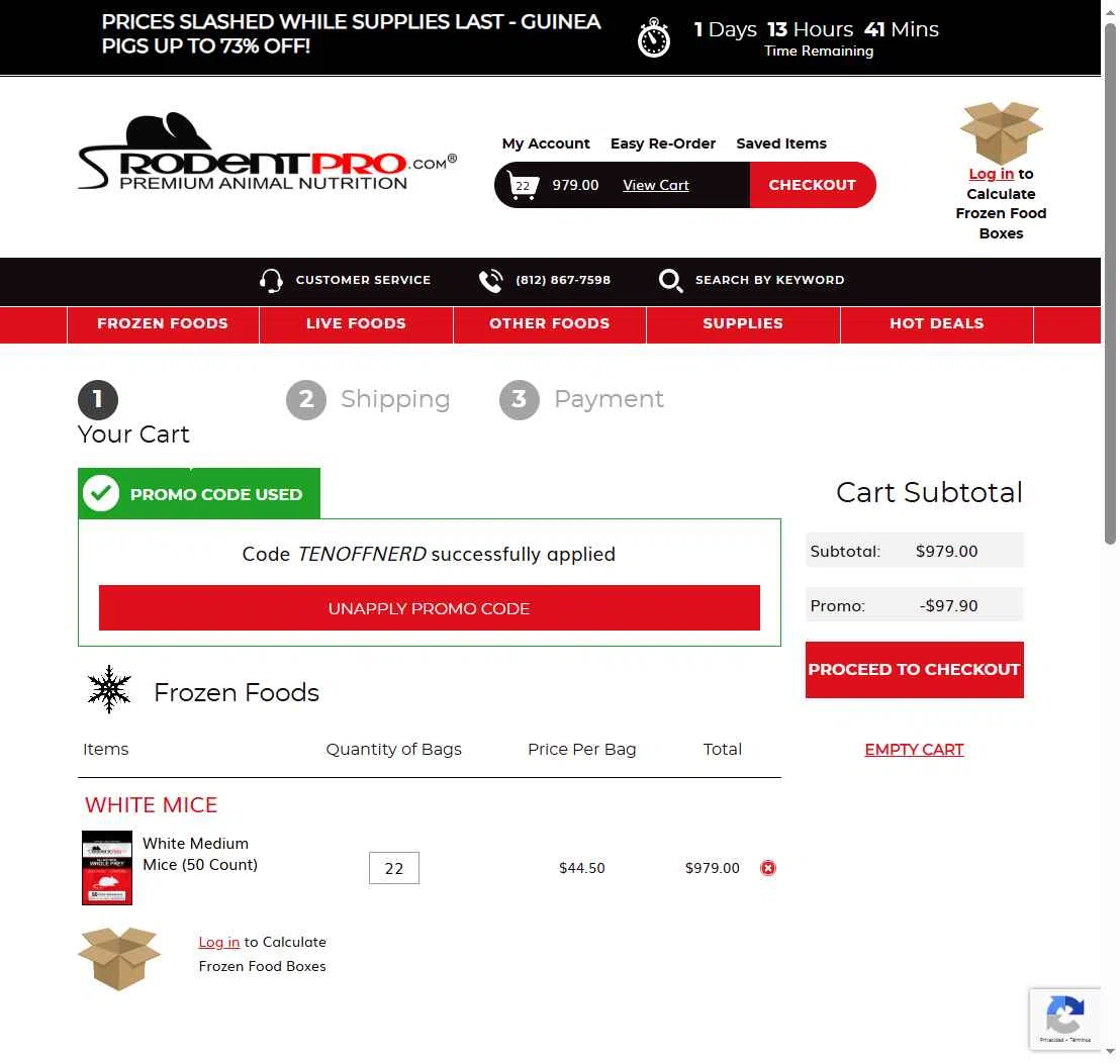 RodentPro.com checkout page showing RodentPro.com promo code box | Screenshot taken by SimplyCodes community member on Nov 15, 2025