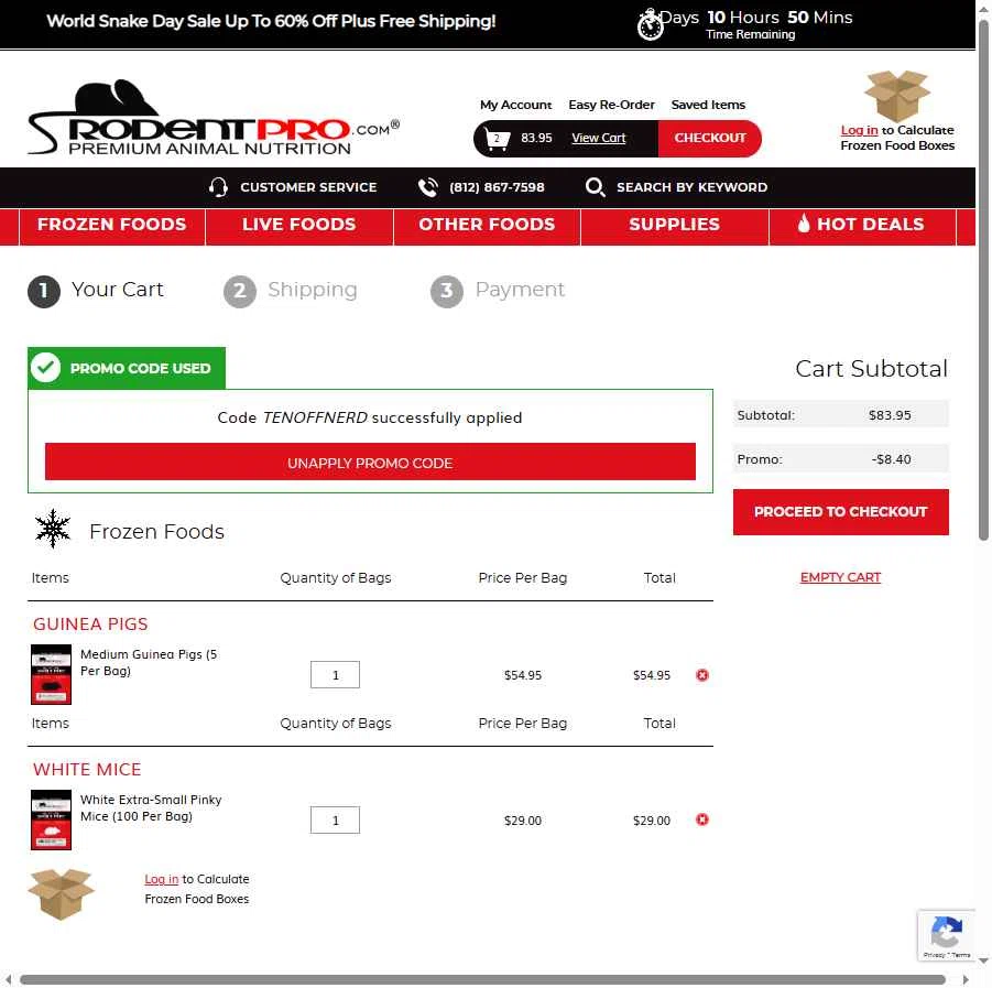 RodentPro.com checkout page showing RodentPro.com promo code box | Screenshot taken by SimplyCodes community member on Jul 17, 2025
