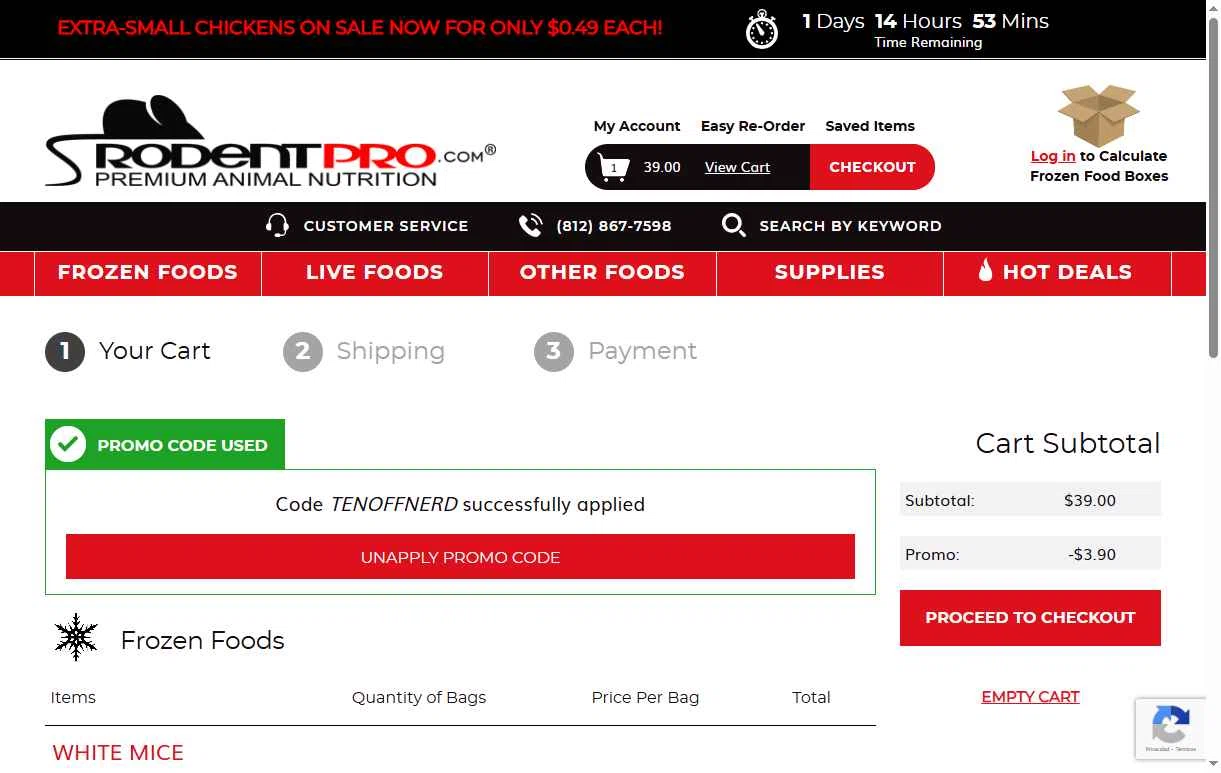 RodentPro.com checkout page showing RodentPro.com promo code box | Screenshot taken by SimplyCodes community member on Dec 28, 2025
