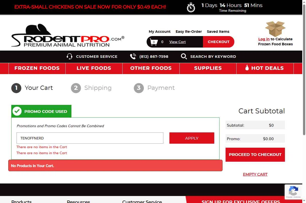 RodentPro.com checkout page showing RodentPro.com promo code box | Screenshot taken by SimplyCodes community member on Dec 28, 2025