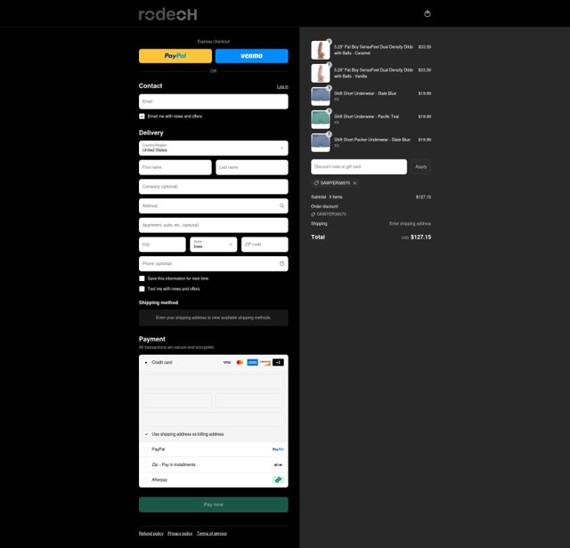 RodeoH checkout page showing RodeoH discount code box | Screenshot taken by SimplyCodes community member on Aug 27, 2025