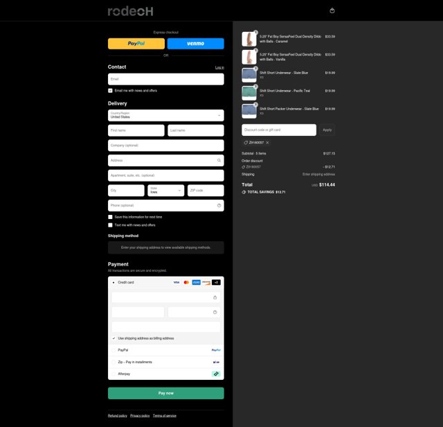 RodeoH checkout page showing RodeoH discount code box | Screenshot taken by SimplyCodes community member on Aug 31, 2025