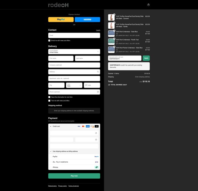 RodeoH checkout page showing RodeoH discount code box | Screenshot taken by SimplyCodes community member on Aug 31, 2025