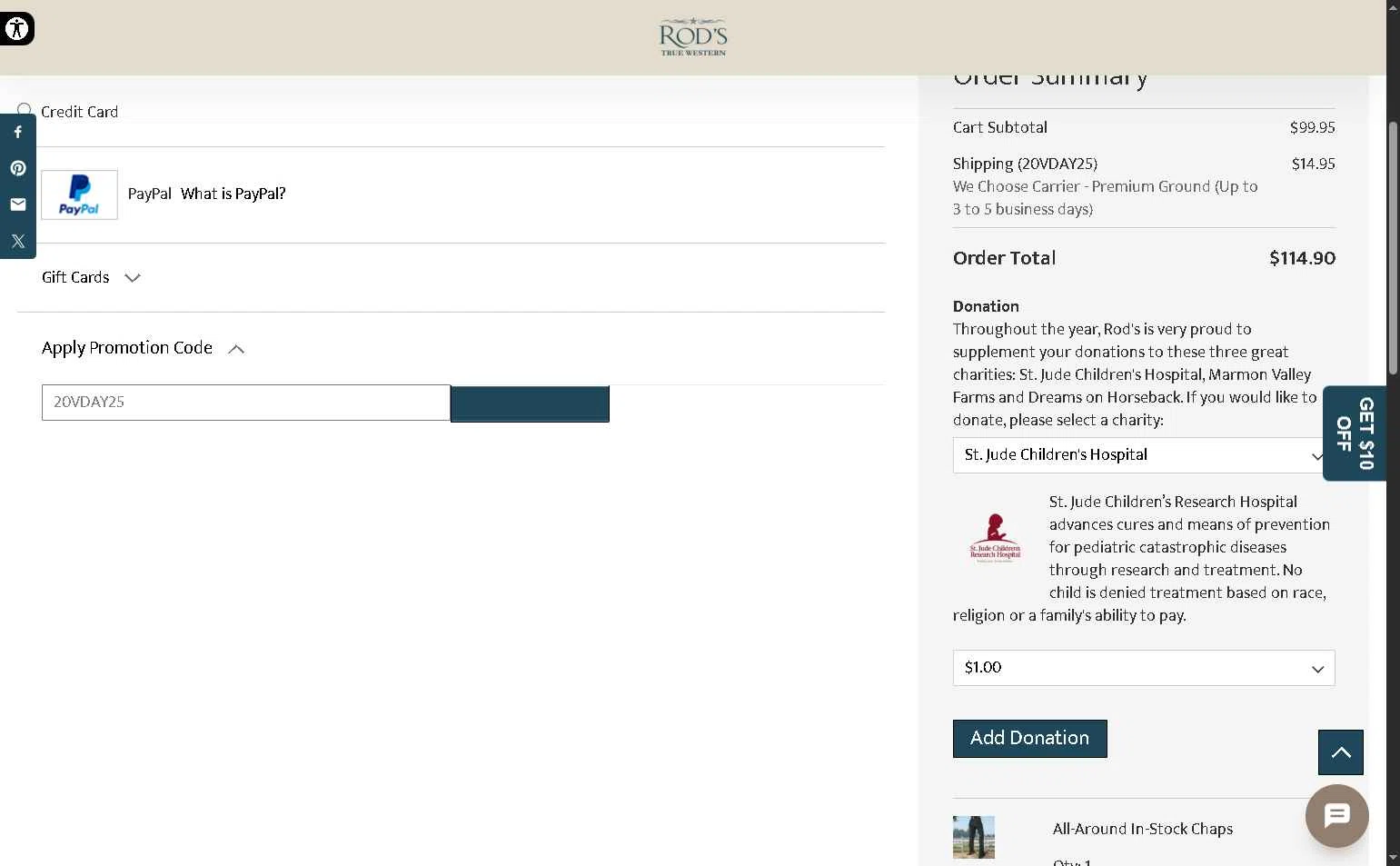 Rod's Western Palace checkout page showing Rod's Western Palace coupon code box | Screenshot taken by SimplyCodes community member on May 12, 2025