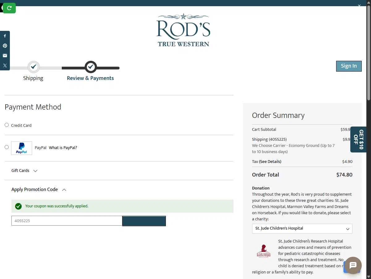Rod's Western Palace checkout page showing Rod's Western Palace coupon code box | Screenshot taken by SimplyCodes community member on May 19, 2025