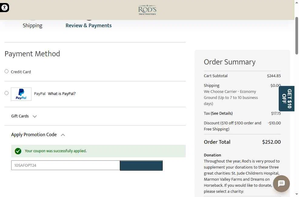 Rod's Western Palace checkout page showing Rod's Western Palace coupon code box | Screenshot taken by SimplyCodes community member on May 2, 2025