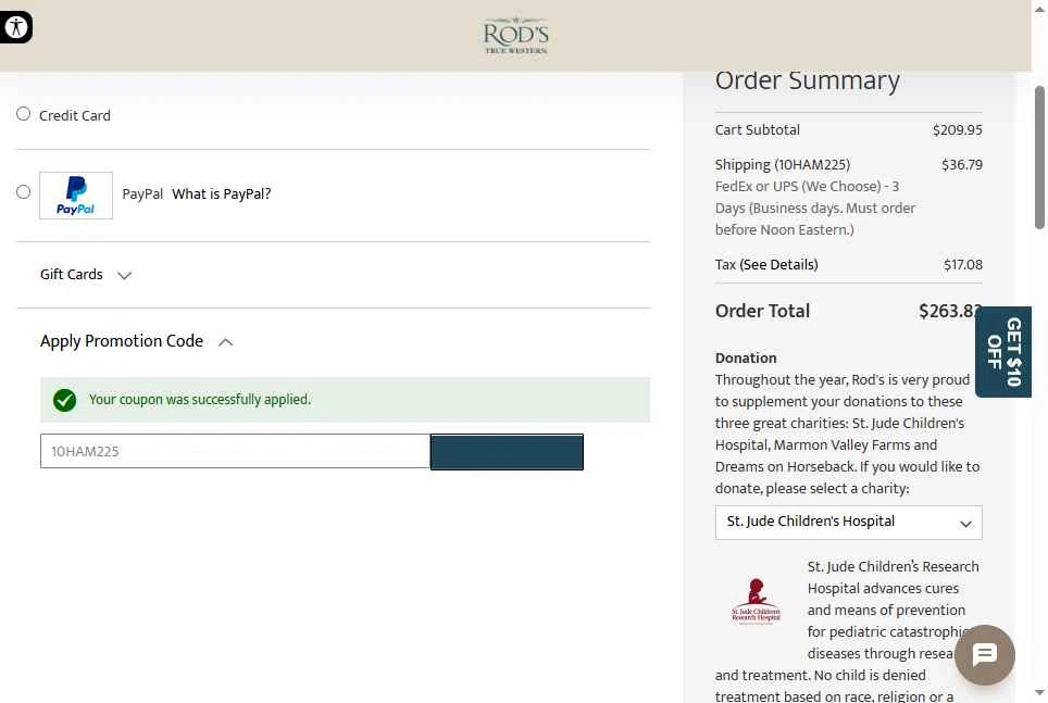 Rod's Western Palace checkout page showing Rod's Western Palace coupon code box | Screenshot taken by SimplyCodes community member on May 13, 2025