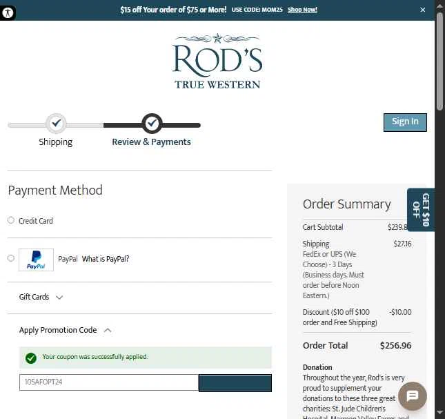 Rod's Western Palace checkout page showing Rod's Western Palace coupon code box | Screenshot taken by SimplyCodes community member on May 2, 2025