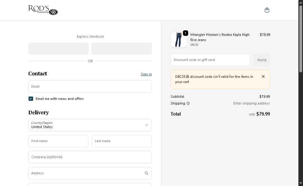 Rod's Western Palace checkout page showing Rod's Western Palace coupon code box | Screenshot taken by SimplyCodes community member on Dec 29, 2025
