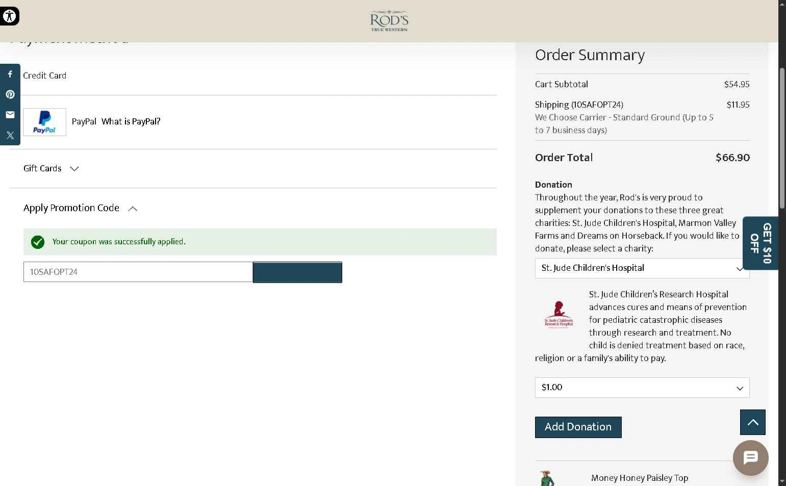 Rod's Western Palace checkout page showing Rod's Western Palace coupon code box | Screenshot taken by SimplyCodes community member on May 2, 2025