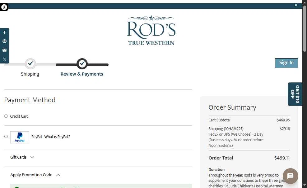 Rod's Western Palace checkout page showing Rod's Western Palace coupon code box | Screenshot taken by SimplyCodes community member on May 13, 2025