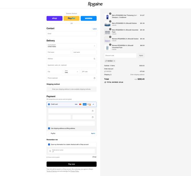 Rogaine checkout page showing Rogaine coupon code box | Screenshot taken by SimplyCodes community member on Aug 30, 2025