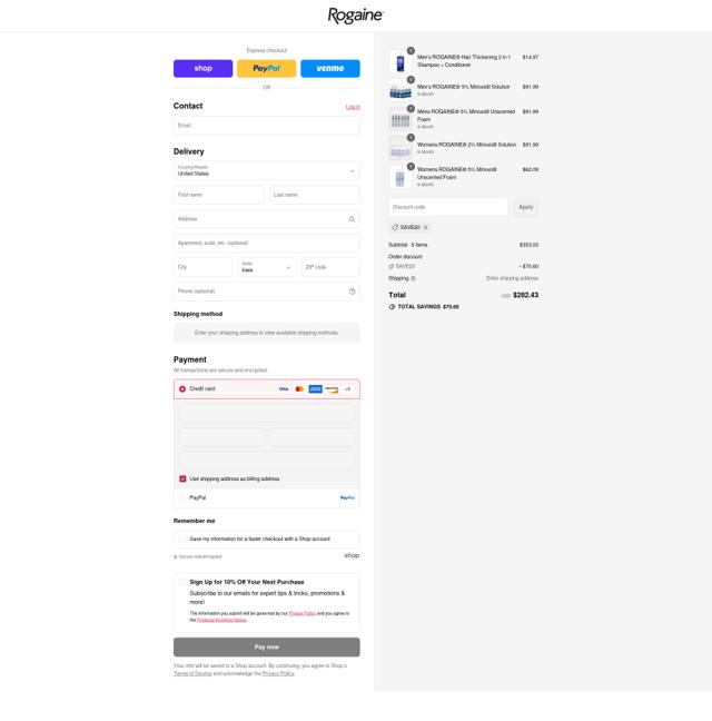 Rogaine checkout page showing Rogaine coupon code box | Screenshot taken by SimplyCodes community member on Sep 5, 2025