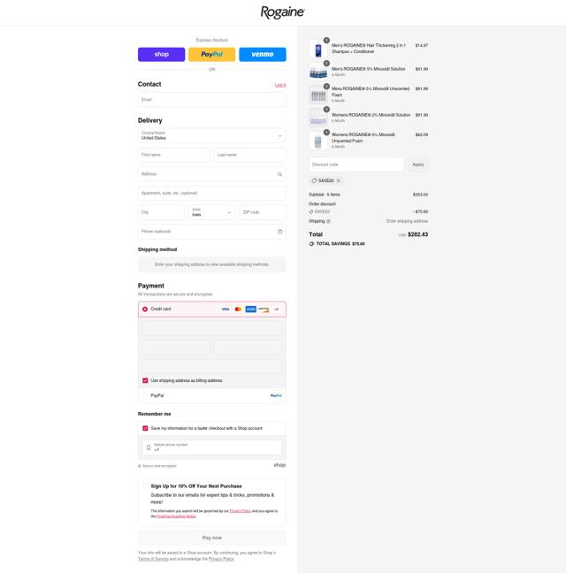 Rogaine checkout page showing Rogaine coupon code box | Screenshot taken by SimplyCodes community member on Sep 9, 2025