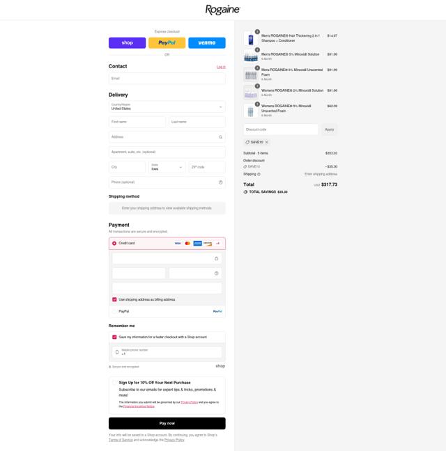 Rogaine checkout page showing Rogaine coupon code box | Screenshot taken by SimplyCodes community member on Sep 5, 2025