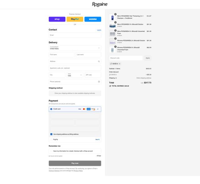 Rogaine checkout page showing Rogaine coupon code box | Screenshot taken by SimplyCodes community member on Aug 31, 2025
