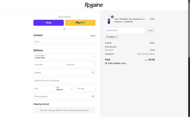 Rogaine checkout page showing Rogaine coupon code box | Screenshot taken by SimplyCodes community member on Sep 10, 2025
