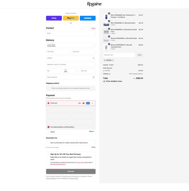 Rogaine checkout page showing Rogaine coupon code box | Screenshot taken by SimplyCodes community member on Sep 13, 2025
