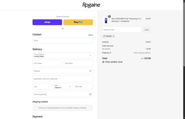 Rogaine checkout page showing Rogaine coupon code box | Screenshot taken by SimplyCodes community member on Sep 2, 2025