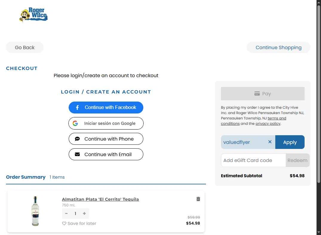 Roger Wilco Liquors checkout page showing Roger Wilco Liquors promo code box | Screenshot taken by SimplyCodes community member on Sep 26, 2025