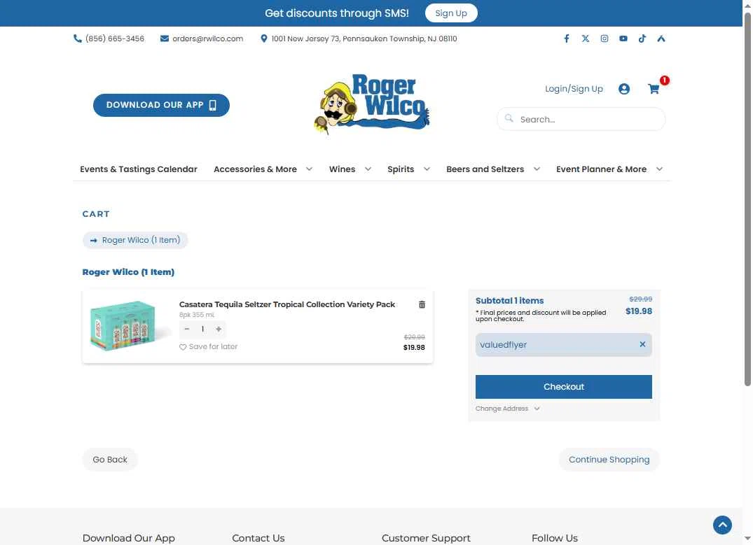 Roger Wilco Liquors checkout page showing Roger Wilco Liquors promo code box | Screenshot taken by SimplyCodes community member on Jul 6, 2025