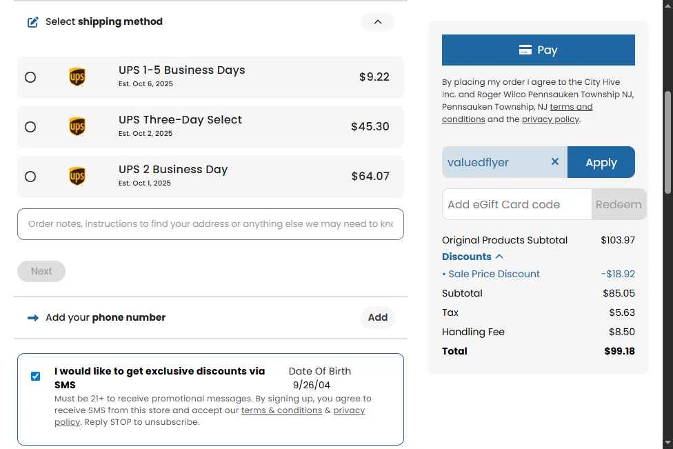 Roger Wilco Liquors checkout page showing Roger Wilco Liquors promo code box | Screenshot taken by SimplyCodes community member on Sep 26, 2025
