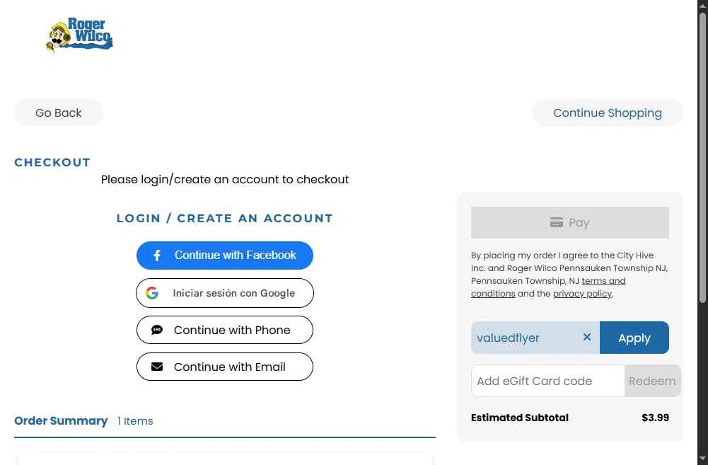 Roger Wilco Liquors checkout page showing Roger Wilco Liquors promo code box | Screenshot taken by SimplyCodes community member on Oct 3, 2025