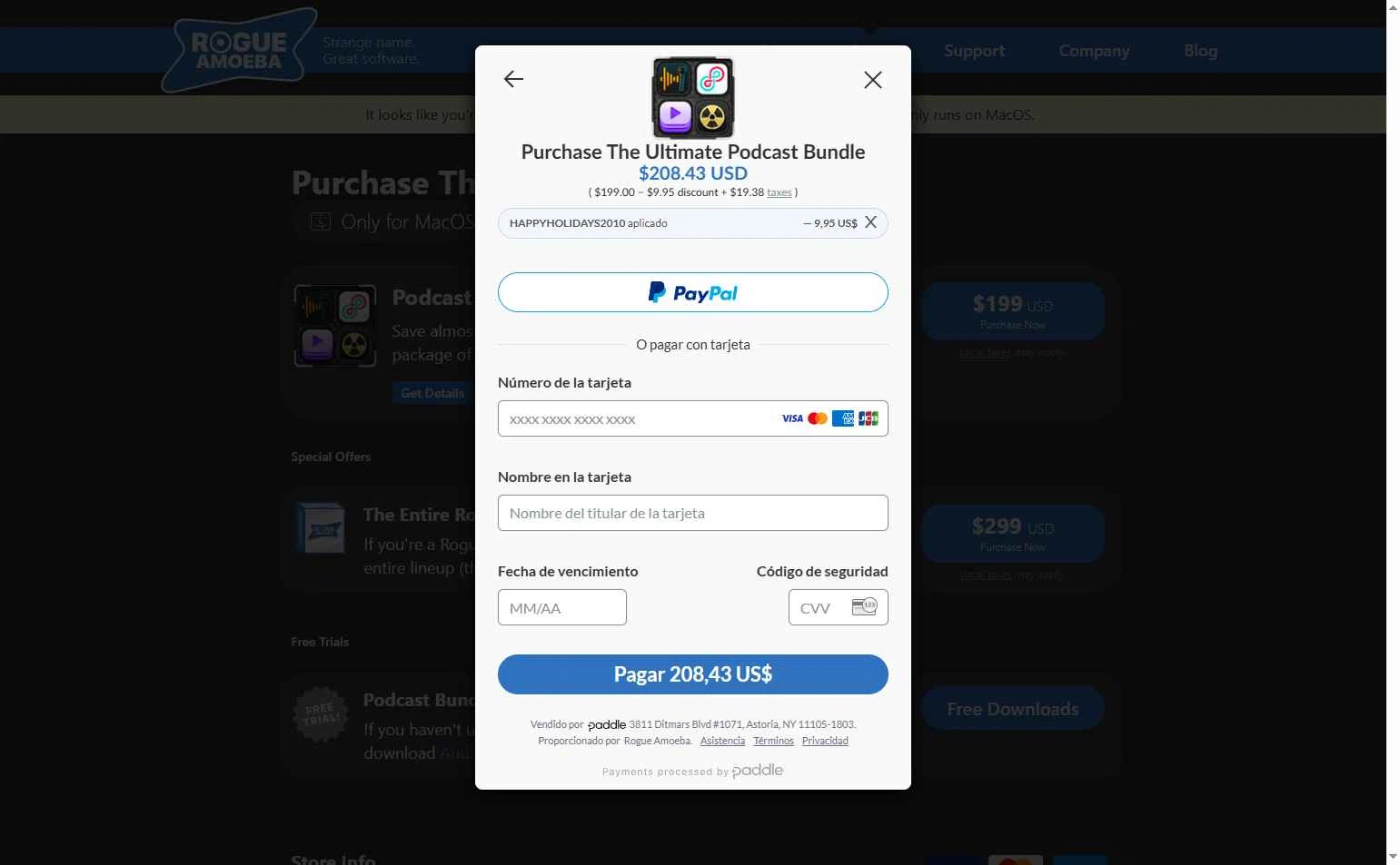 Rogue Amoeba checkout page showing Rogue Amoeba promo code box | Screenshot taken by SimplyCodes community member on Dec 27, 2025