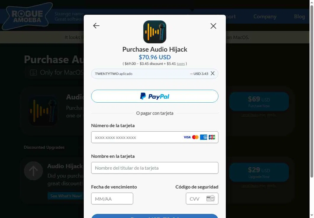 Rogue Amoeba checkout page showing Rogue Amoeba promo code box | Screenshot taken by SimplyCodes community member on Feb 1, 2026