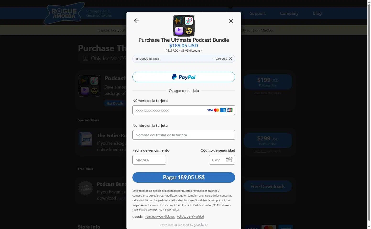 Rogue Amoeba checkout page showing Rogue Amoeba promo code box | Screenshot taken by SimplyCodes community member on Dec 15, 2025