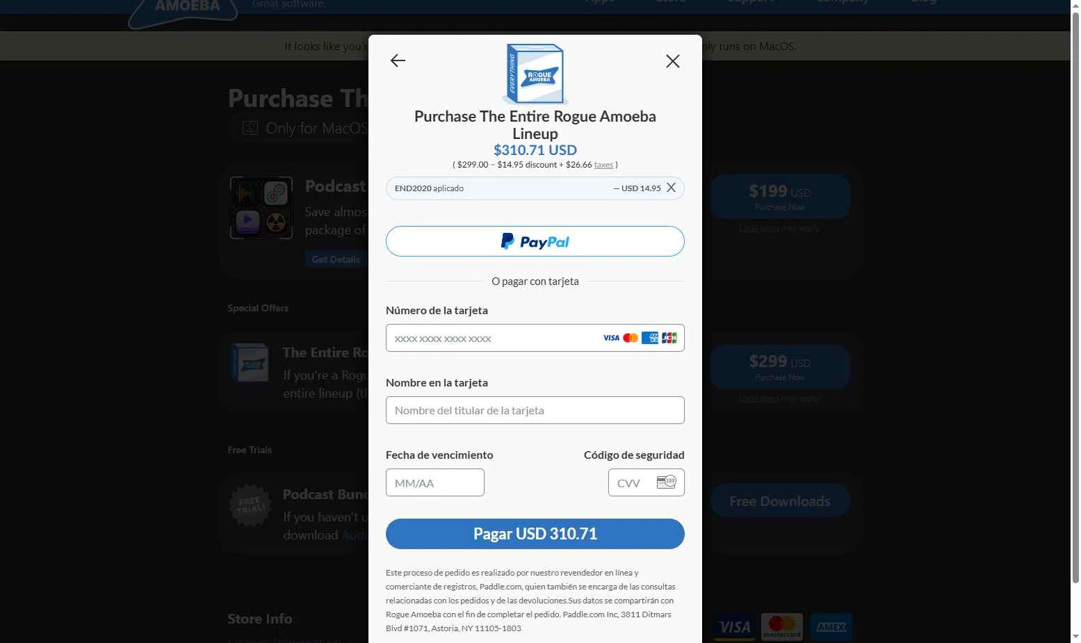 Rogue Amoeba checkout page showing Rogue Amoeba promo code box | Screenshot taken by SimplyCodes community member on Dec 4, 2025