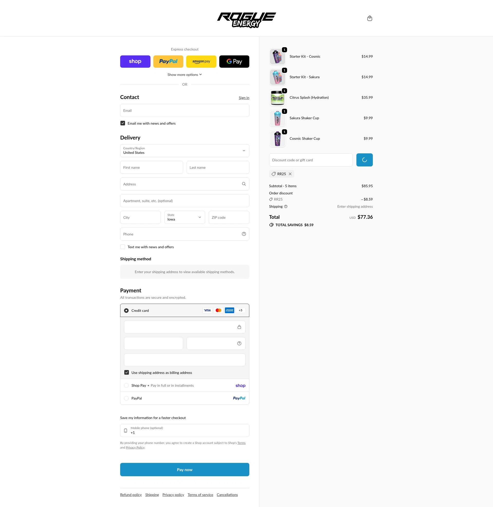 Rogue Energy checkout page showing Rogue Energy promo code box | Screenshot taken by SimplyCodes community member on Feb 6, 2026