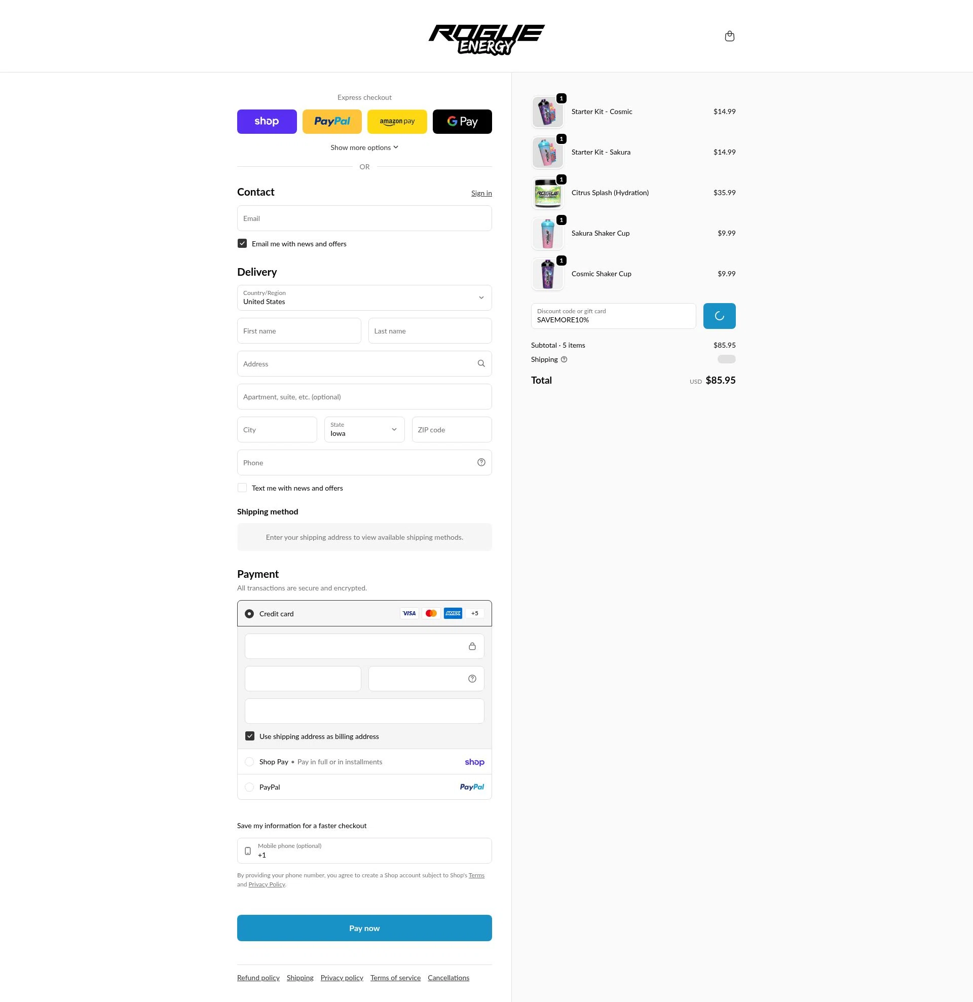Rogue Energy checkout page showing Rogue Energy promo code box | Screenshot taken by SimplyCodes community member on Feb 6, 2026