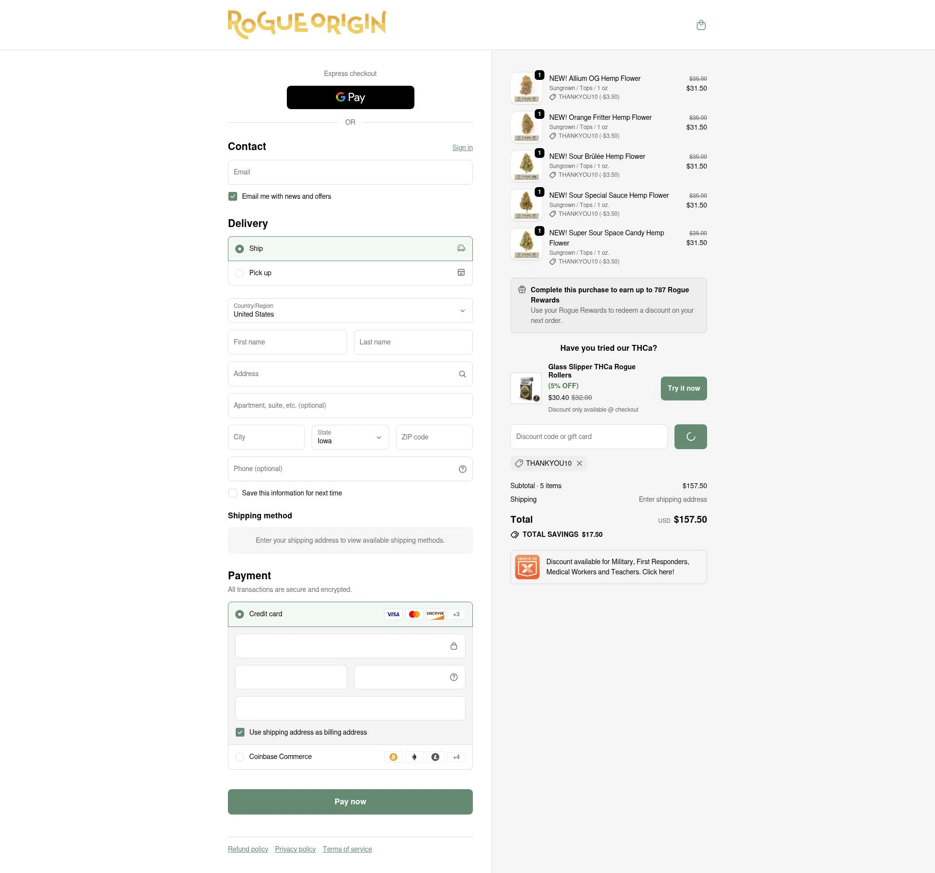 Rogue Origin checkout page showing Rogue Origin discount code box | Screenshot taken by SimplyCodes community member on Feb 9, 2026
