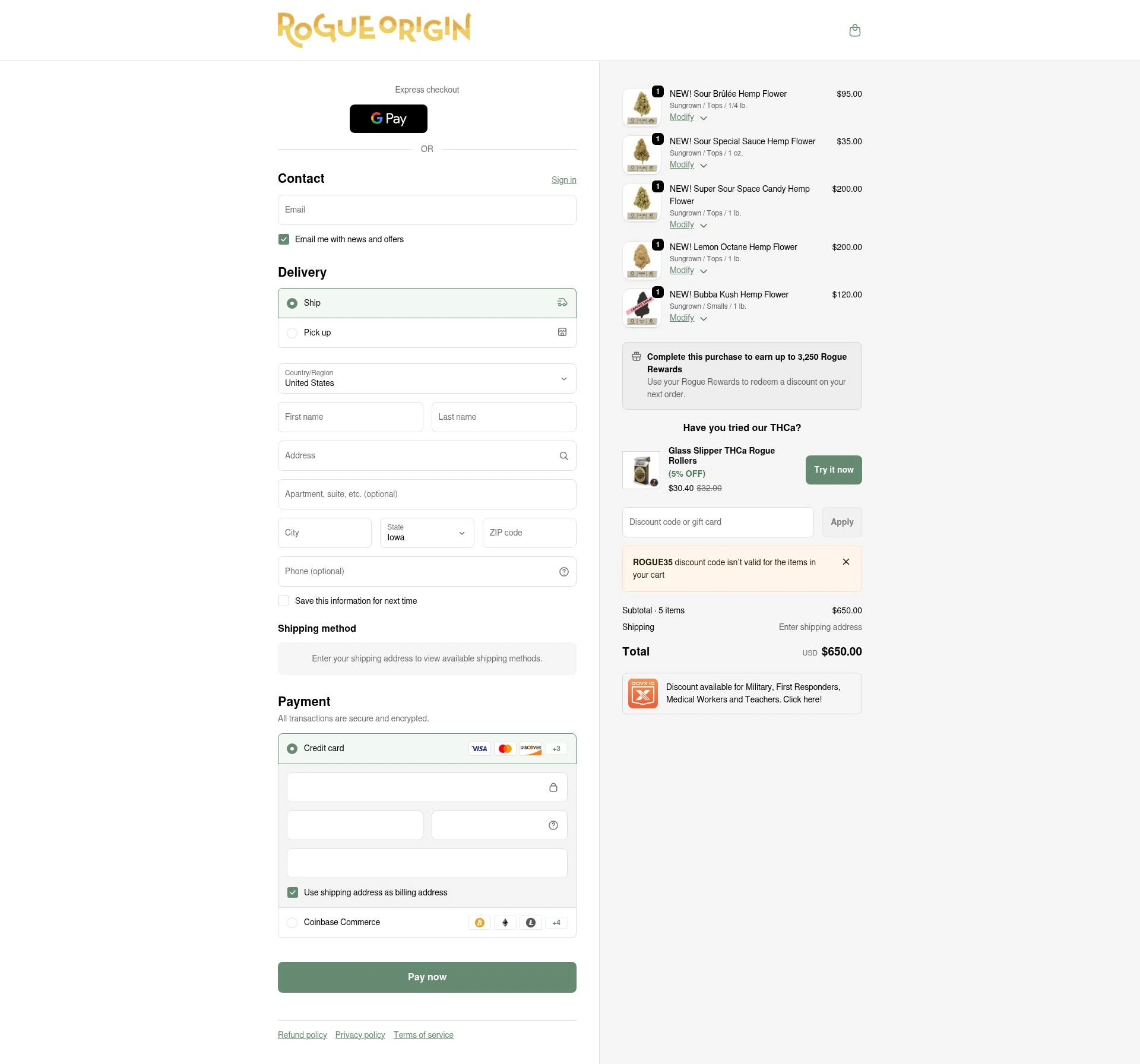 Rogue Origin checkout page showing Rogue Origin discount code box | Screenshot taken by SimplyCodes community member on Feb 5, 2026
