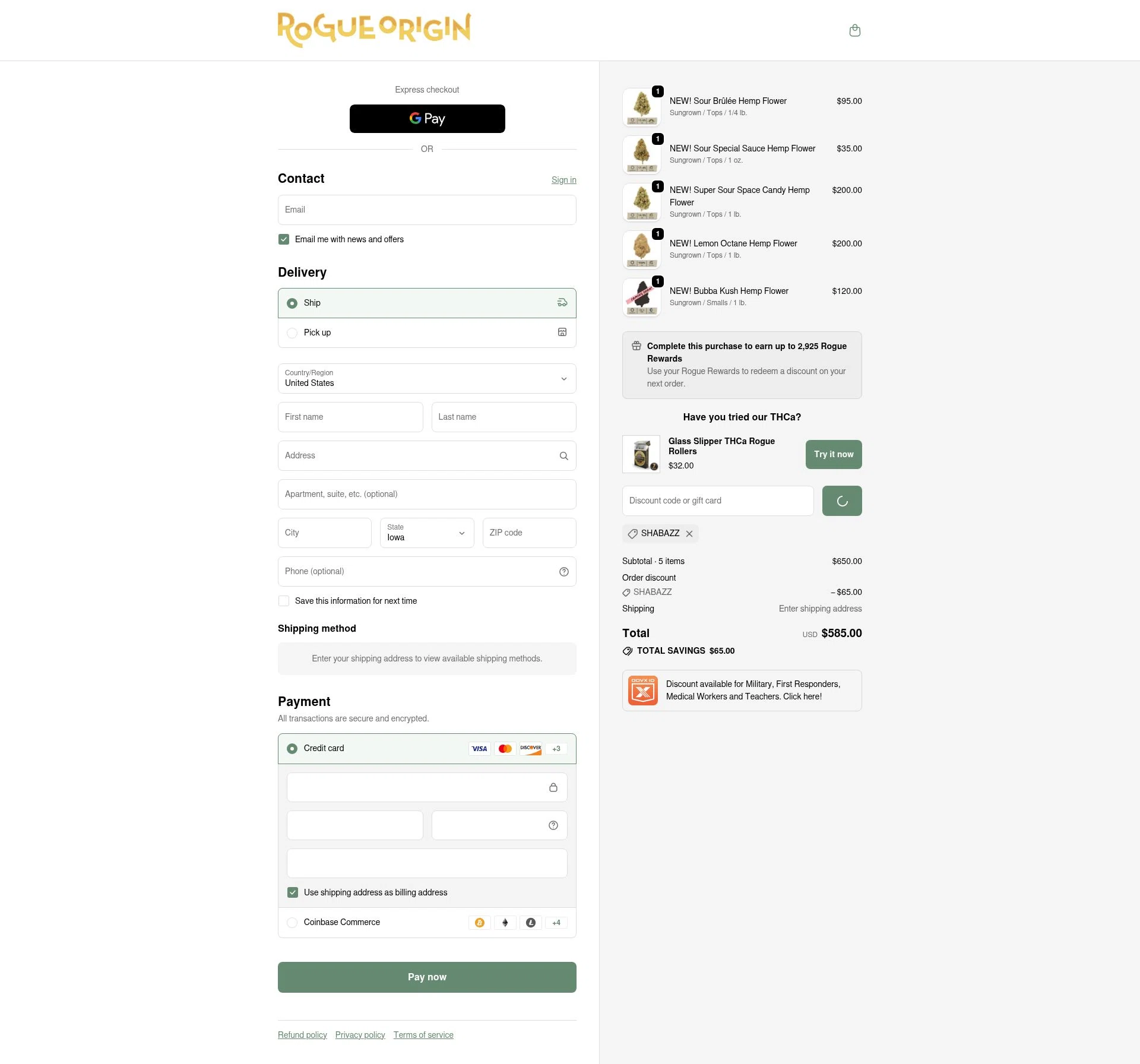 Rogue Origin checkout page showing Rogue Origin discount code box | Screenshot taken by SimplyCodes community member on Feb 5, 2026