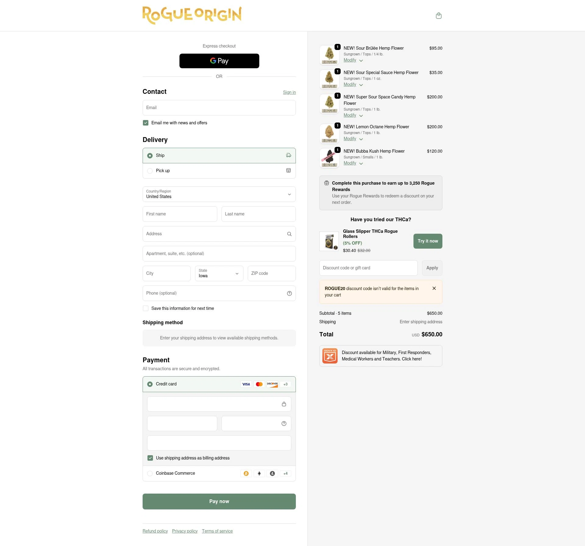 Rogue Origin checkout page showing Rogue Origin discount code box | Screenshot taken by SimplyCodes community member on Feb 5, 2026