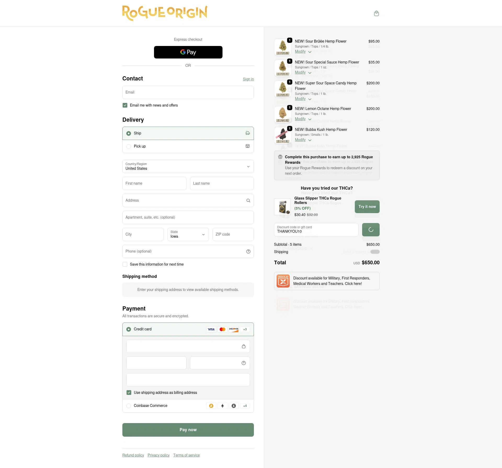 Rogue Origin checkout page showing Rogue Origin discount code box | Screenshot taken by SimplyCodes community member on Feb 5, 2026