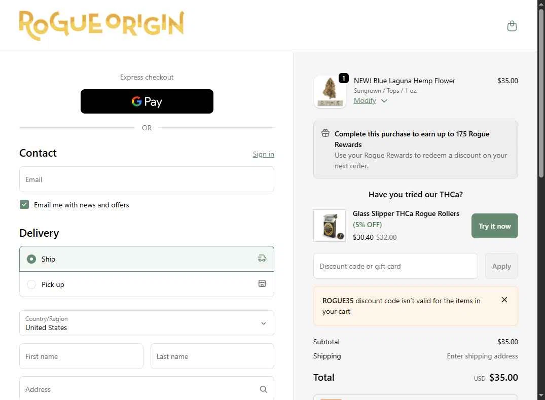 Rogue Origin checkout page showing Rogue Origin discount code box | Screenshot taken by SimplyCodes community member on Feb 7, 2026
