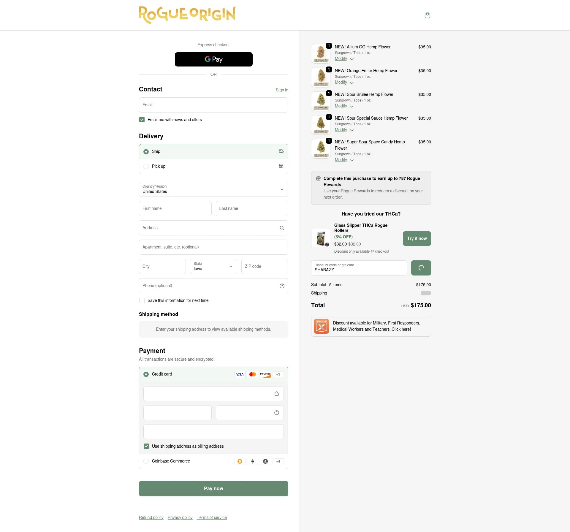 Rogue Origin checkout page showing Rogue Origin discount code box | Screenshot taken by SimplyCodes community member on Feb 9, 2026