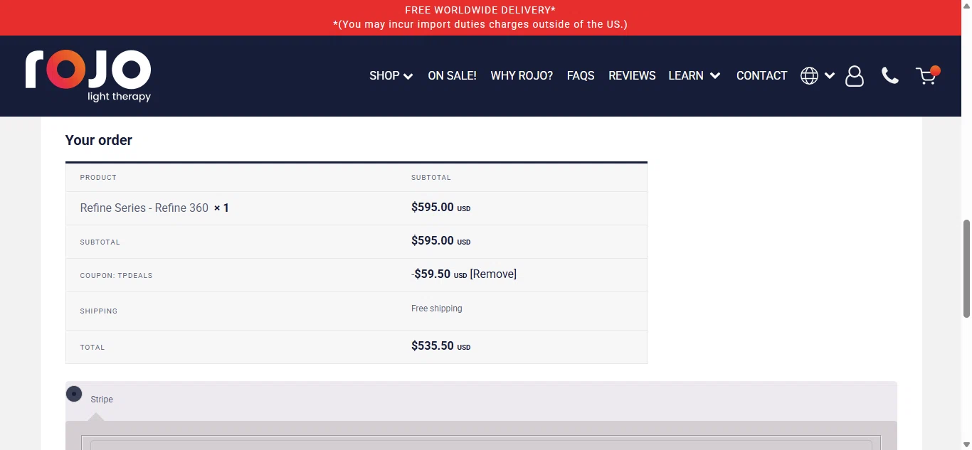 Rojo Light Therapy discount code screenshot showing code TPDEALS applied at Rojo Light Therapy checkout page. Uploaded by SimplyCodes community member SavvyLegend1053 on Feb 8, 2026