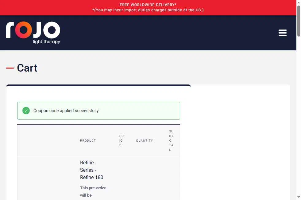 Rojo Light Therapy checkout page showing Rojo Light Therapy discount code box | Screenshot taken by SimplyCodes community member on Feb 5, 2026