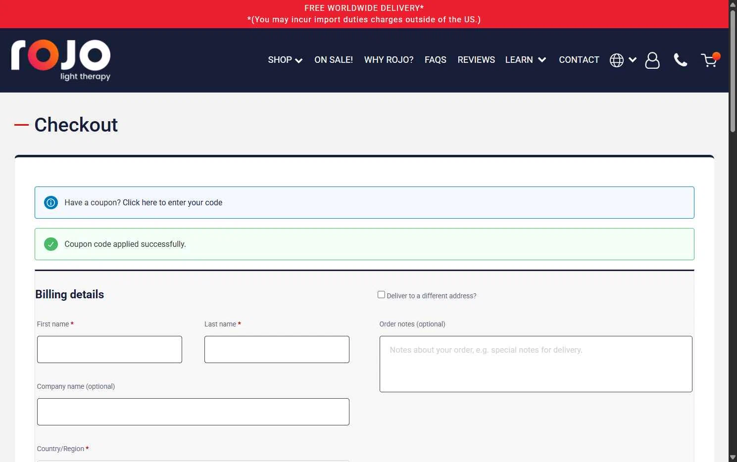 Rojo Light Therapy checkout page showing Rojo Light Therapy discount code box | Screenshot taken by SimplyCodes community member on Feb 6, 2026