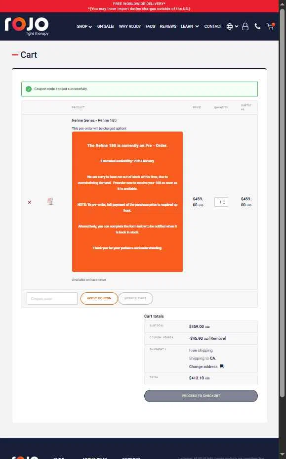 Rojo Light Therapy checkout page showing Rojo Light Therapy discount code box | Screenshot taken by SimplyCodes community member on Feb 10, 2026