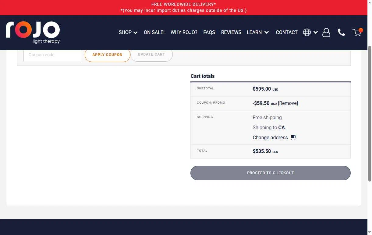 Rojo Light Therapy checkout page showing Rojo Light Therapy discount code box | Screenshot taken by SimplyCodes community member on Feb 5, 2026