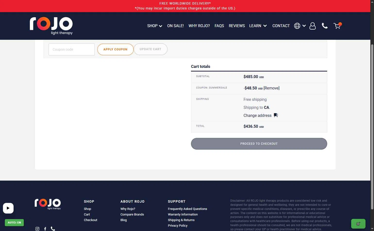 Rojo Light Therapy checkout page showing Rojo Light Therapy discount code box | Screenshot taken by SimplyCodes community member on Feb 6, 2026